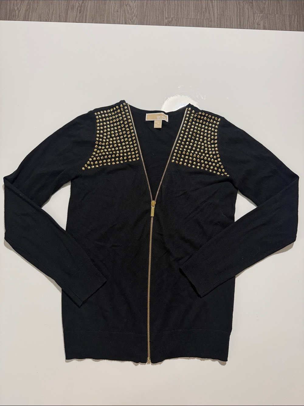 Michael Kors Black Zip-Front Cardigan with Gold Stud Details Sz XS